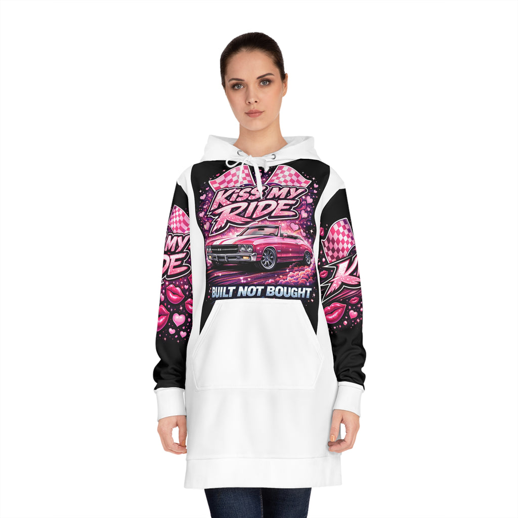 Kiss My Ride Hoodie Dress — Pink Retro Car Graphic
