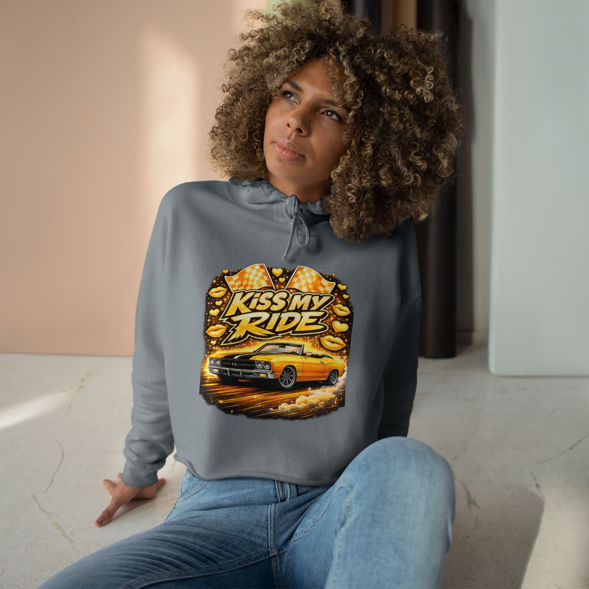 Kiss My Ride Cropped Hoodie – Yellow Chevelle SS Graphic