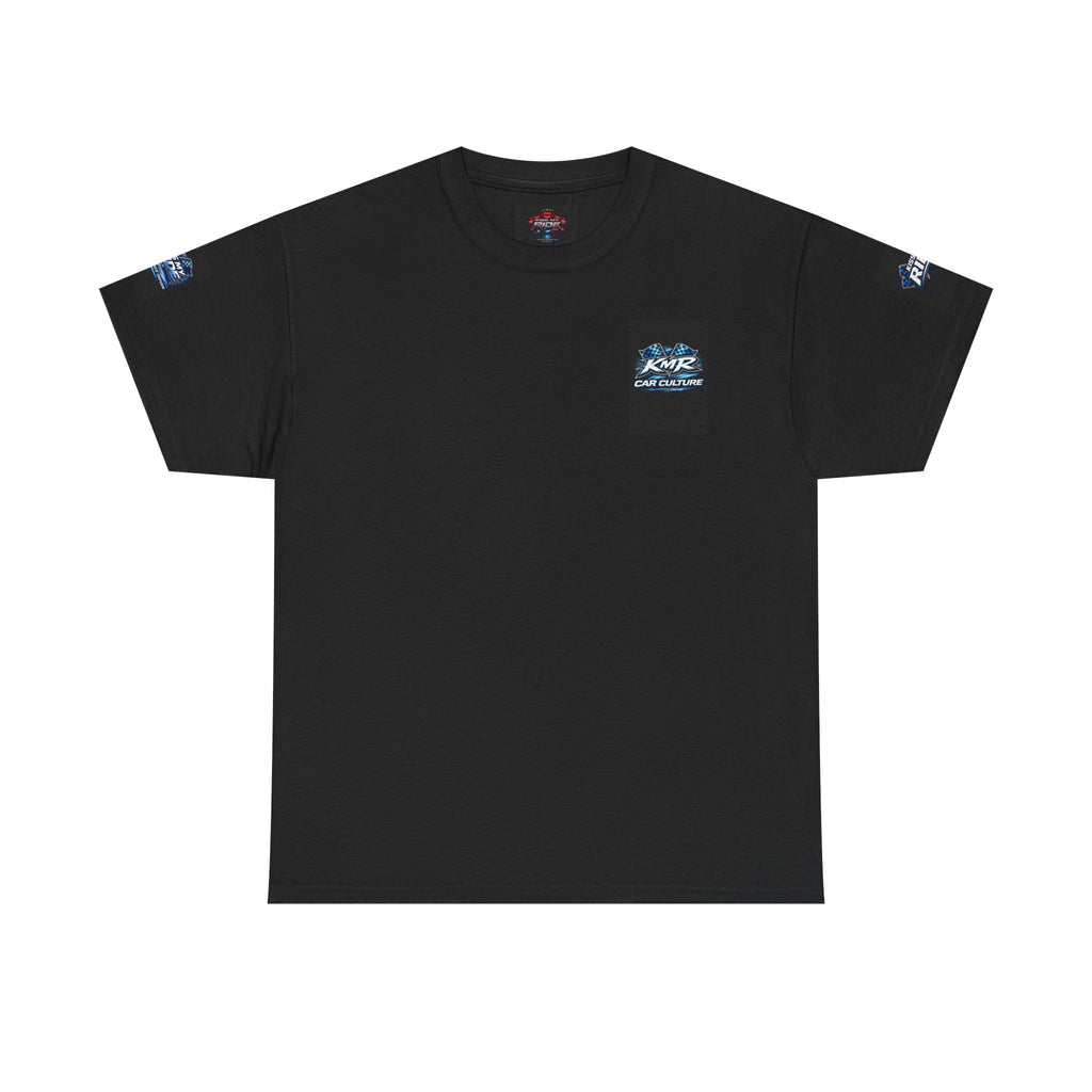 KMR Car Culture Tee — Racing Graphic T-Shirt with Blue Sports Car & Checkered Flags