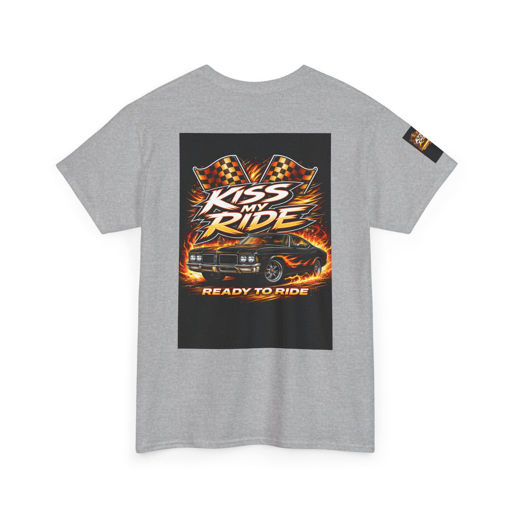 Kiss My Ride Graphic Tee — Retro Muscle Car Flames & Checkered Flags