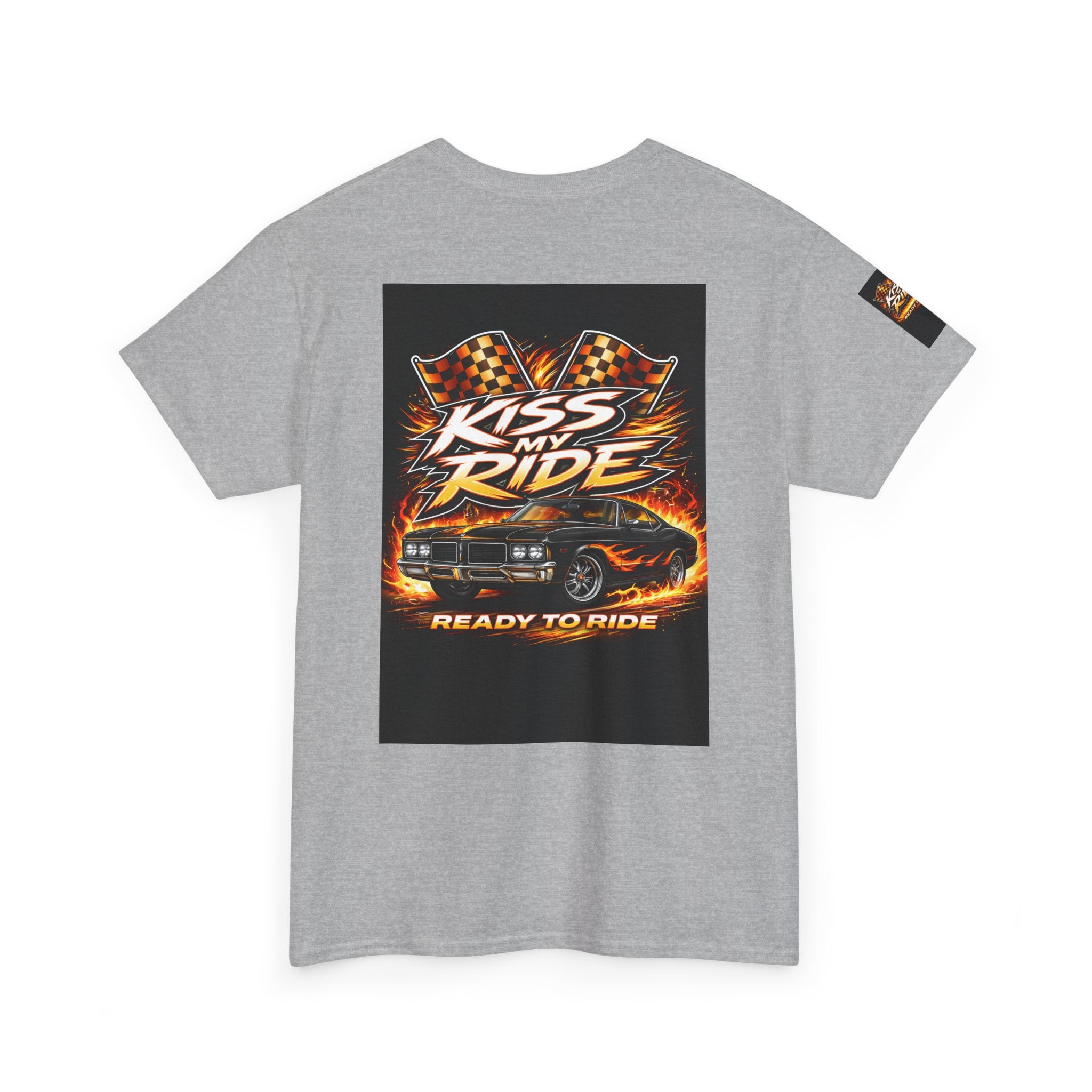 Kiss My Ride Graphic Tee — Retro Muscle Car Flames & Checkered Flags