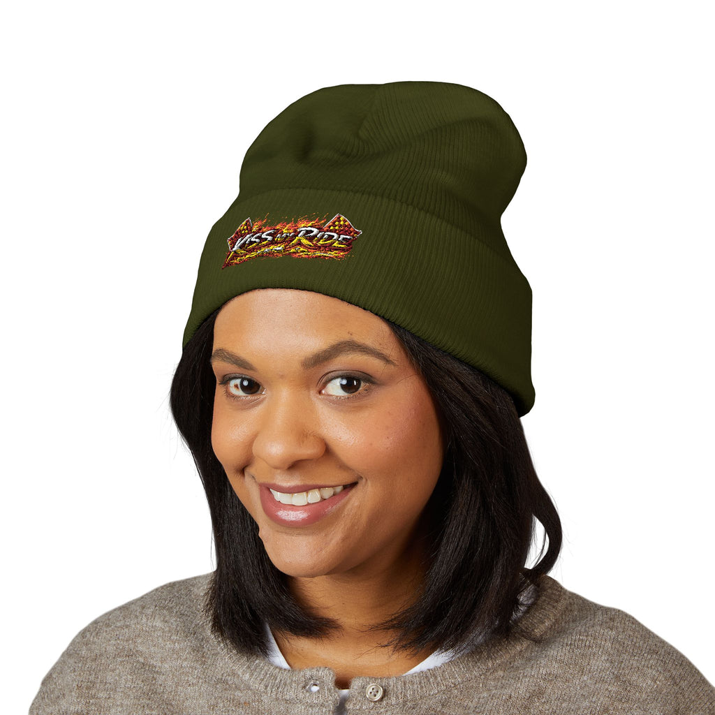 Embroidered 'Kiss & Ride' Flame Cuffed Beanie