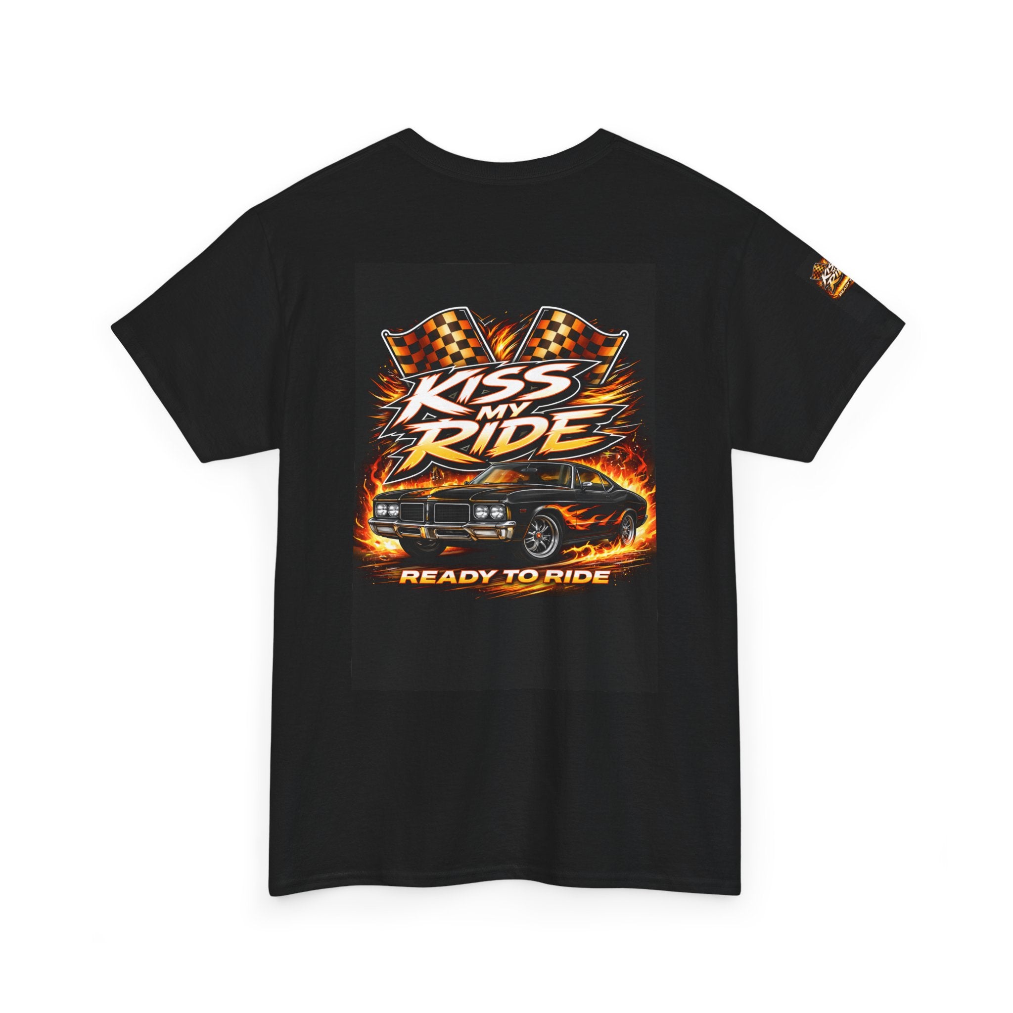 Kiss My Ride Graphic Tee — Retro Muscle Car Flames & Checkered Flags