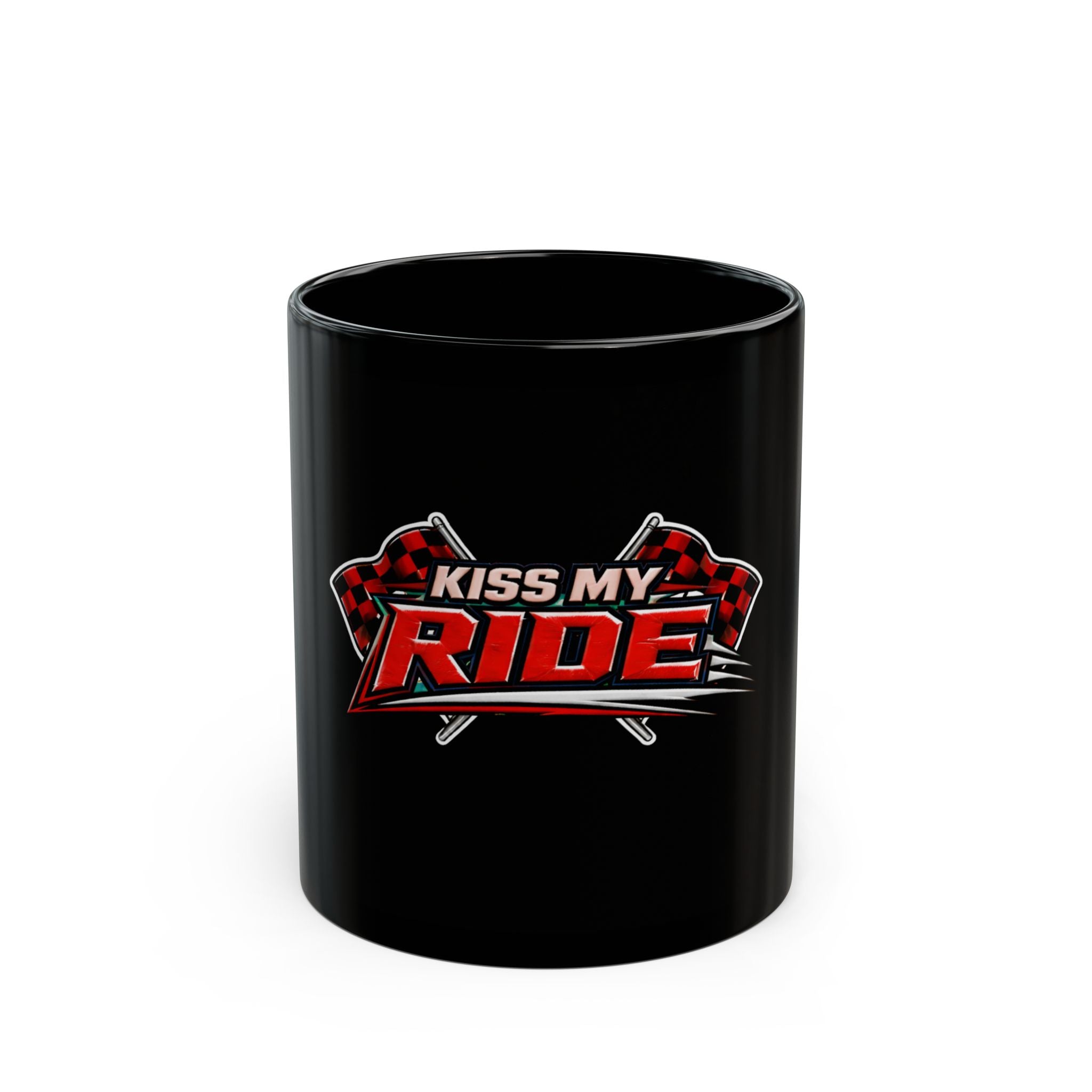 Kiss My Ride Black Mug – Racing Flag Coffee Cup (11oz & 15oz)