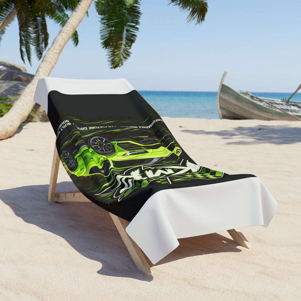Racing Green Muscle Car Beach Towel – Neon Camaro with Checkered Flags