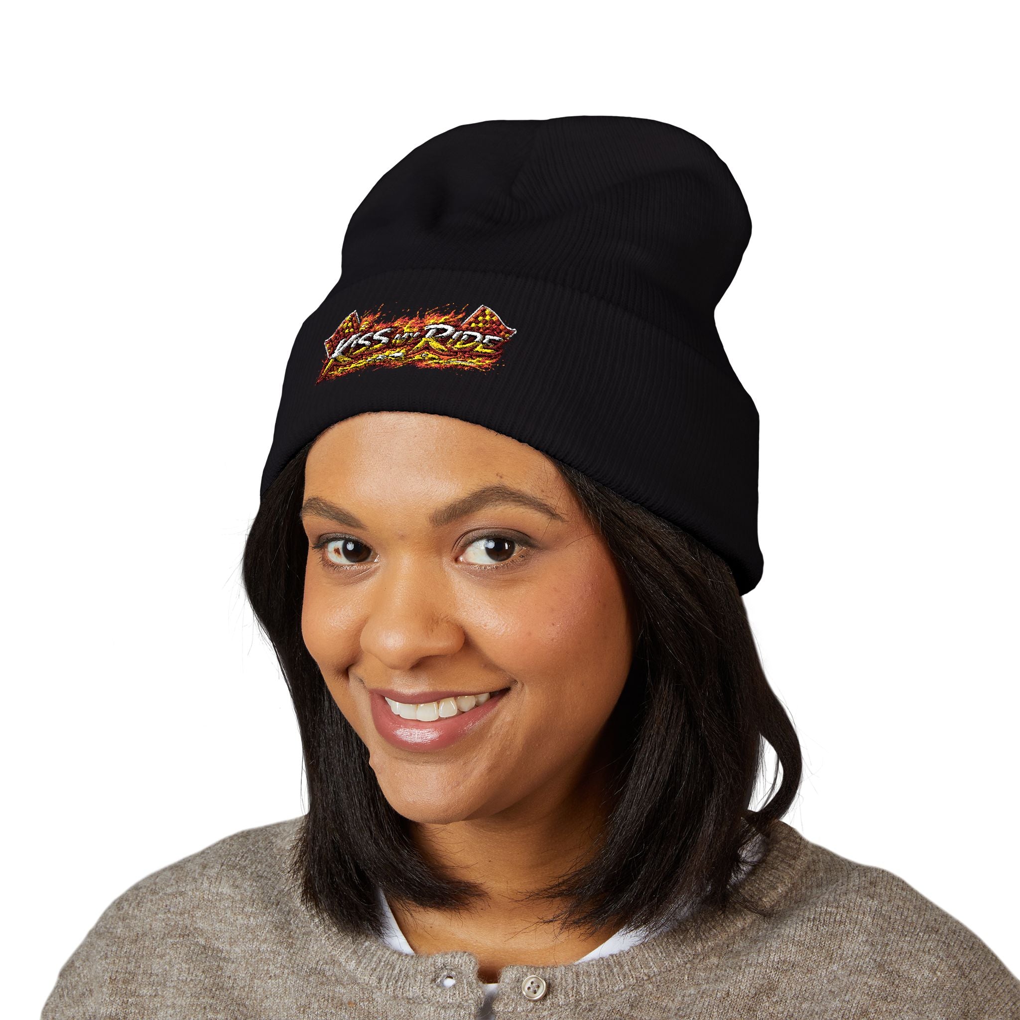 Embroidered 'Kiss & Ride' Flame Cuffed Beanie