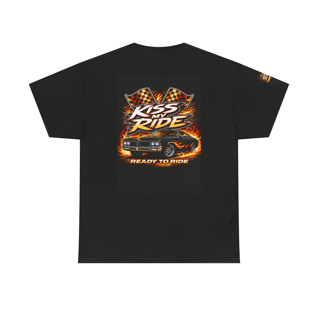 Kiss My Ride Graphic Tee — Retro Muscle Car Flames & Checkered Flags