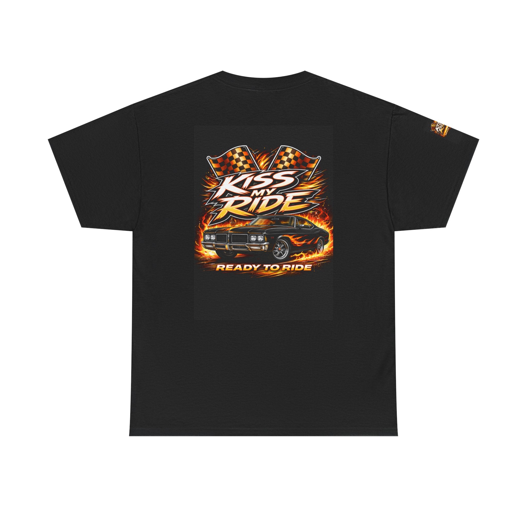 Kiss My Ride Graphic Tee — Retro Muscle Car Flames & Checkered Flags