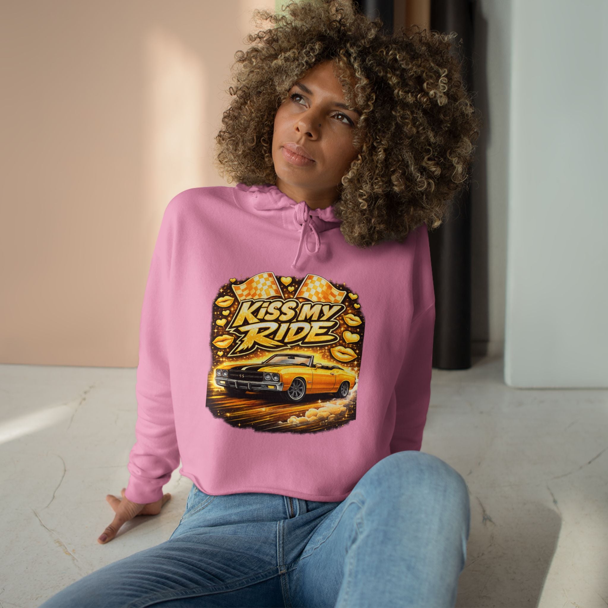 Kiss My Ride Cropped Hoodie – Yellow Chevelle SS Graphic