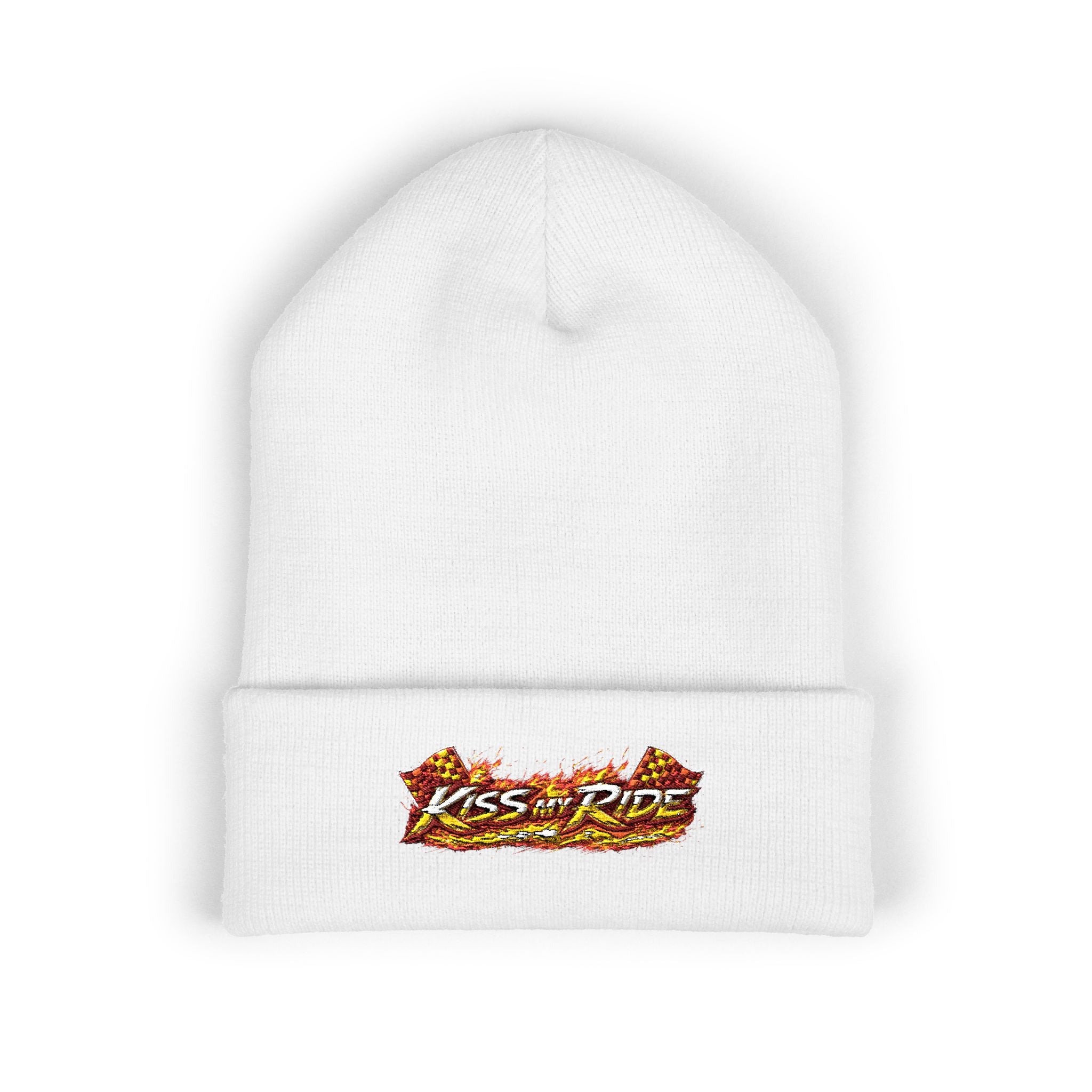 Embroidered 'Kiss & Ride' Flame Cuffed Beanie