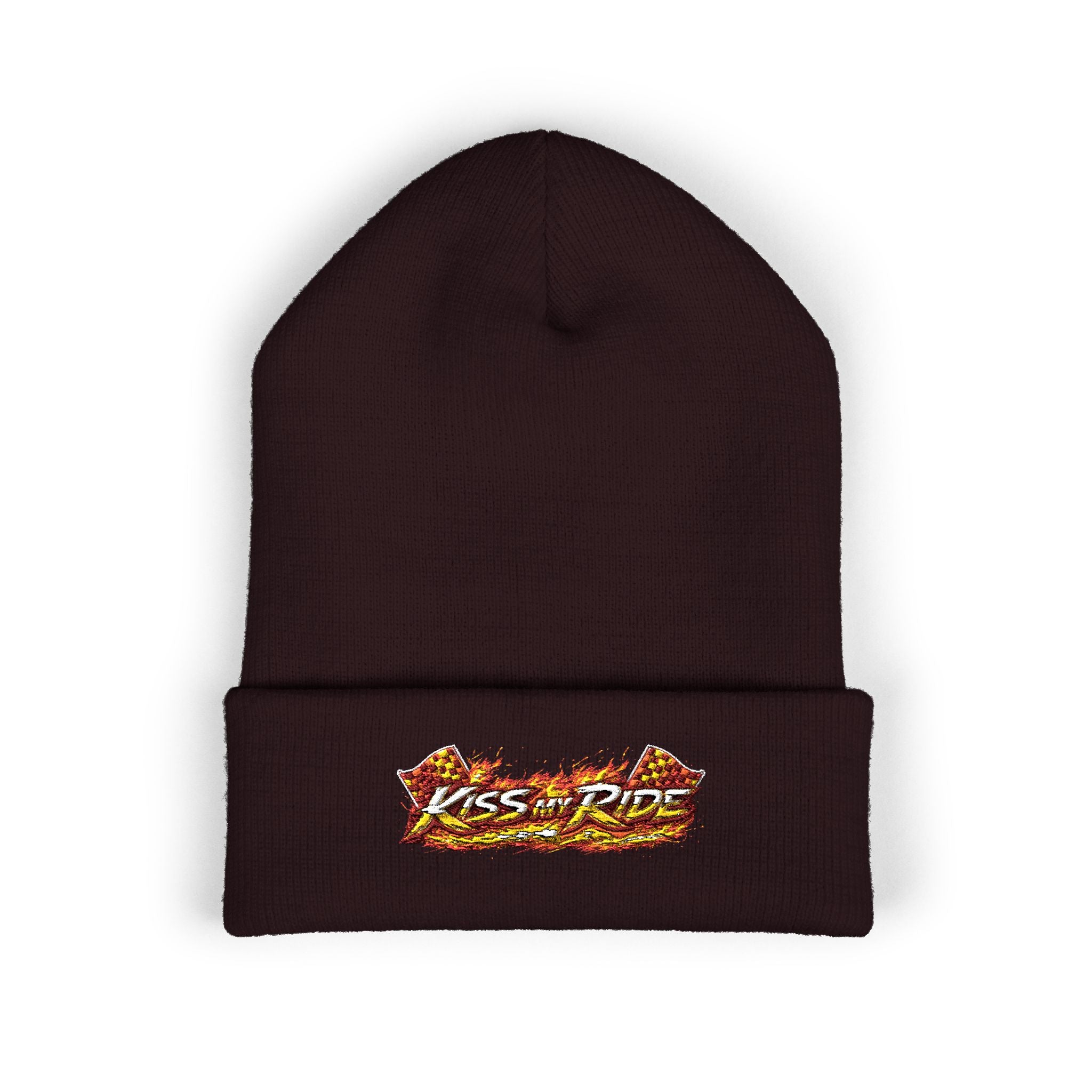 Embroidered 'Kiss & Ride' Flame Cuffed Beanie
