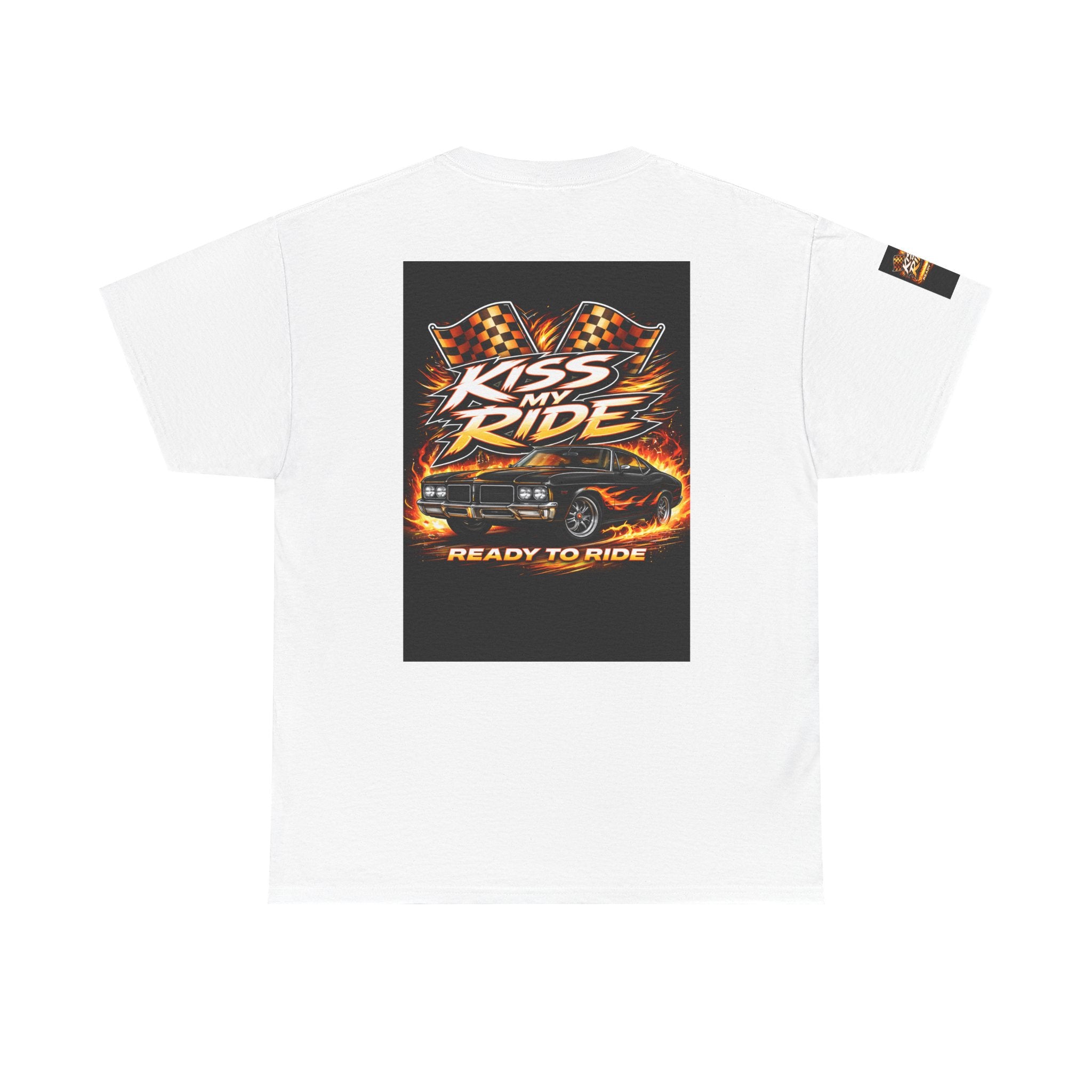 Kiss My Ride Graphic Tee — Retro Muscle Car Flames & Checkered Flags