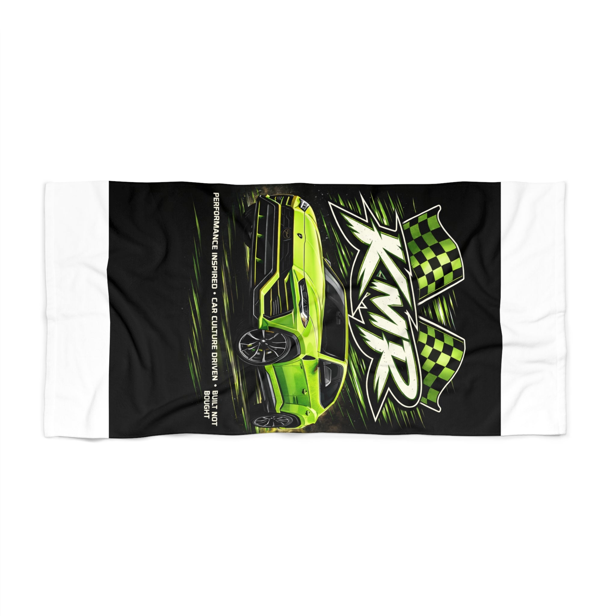 Racing Green Muscle Car Beach Towel – Neon Camaro with Checkered Flags