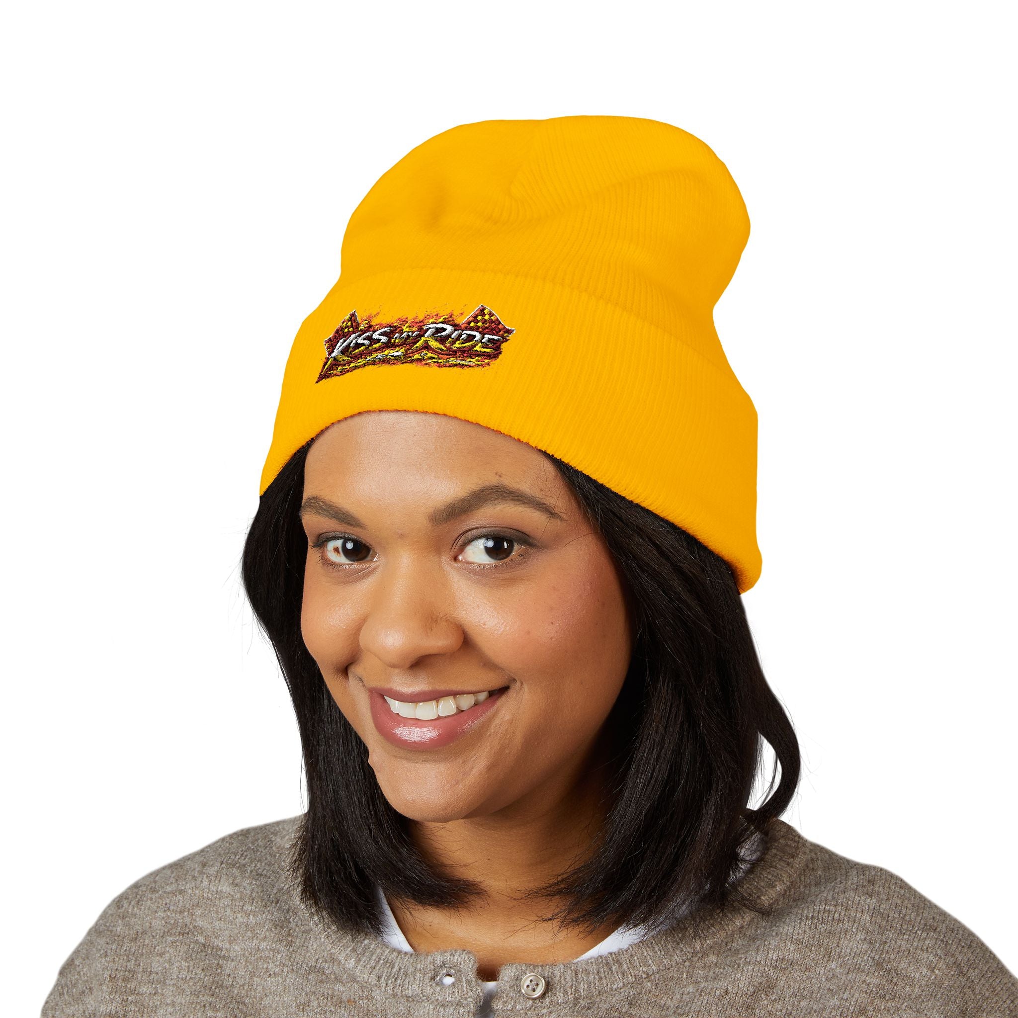 Embroidered 'Kiss & Ride' Flame Cuffed Beanie