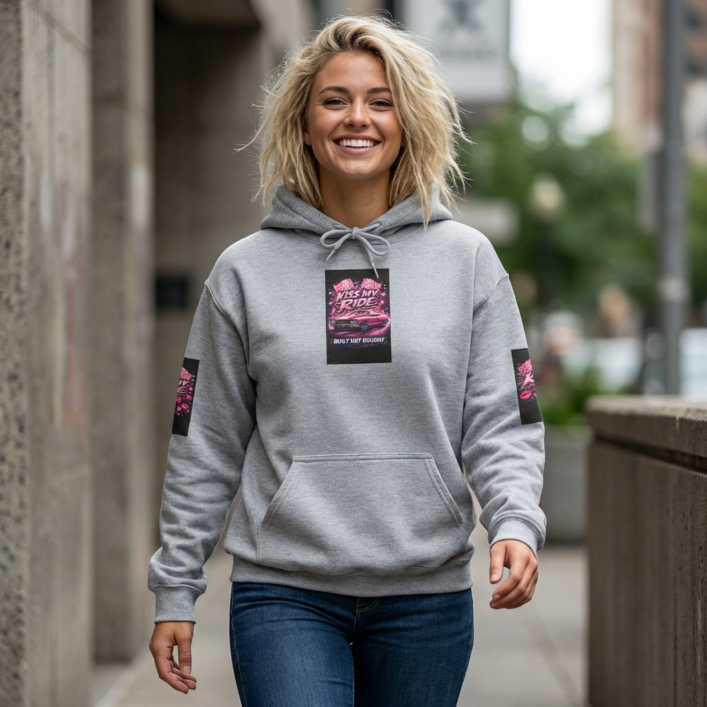 Hoodie - "Kiss My Ride" Pink Retro Car Graphic Pullover