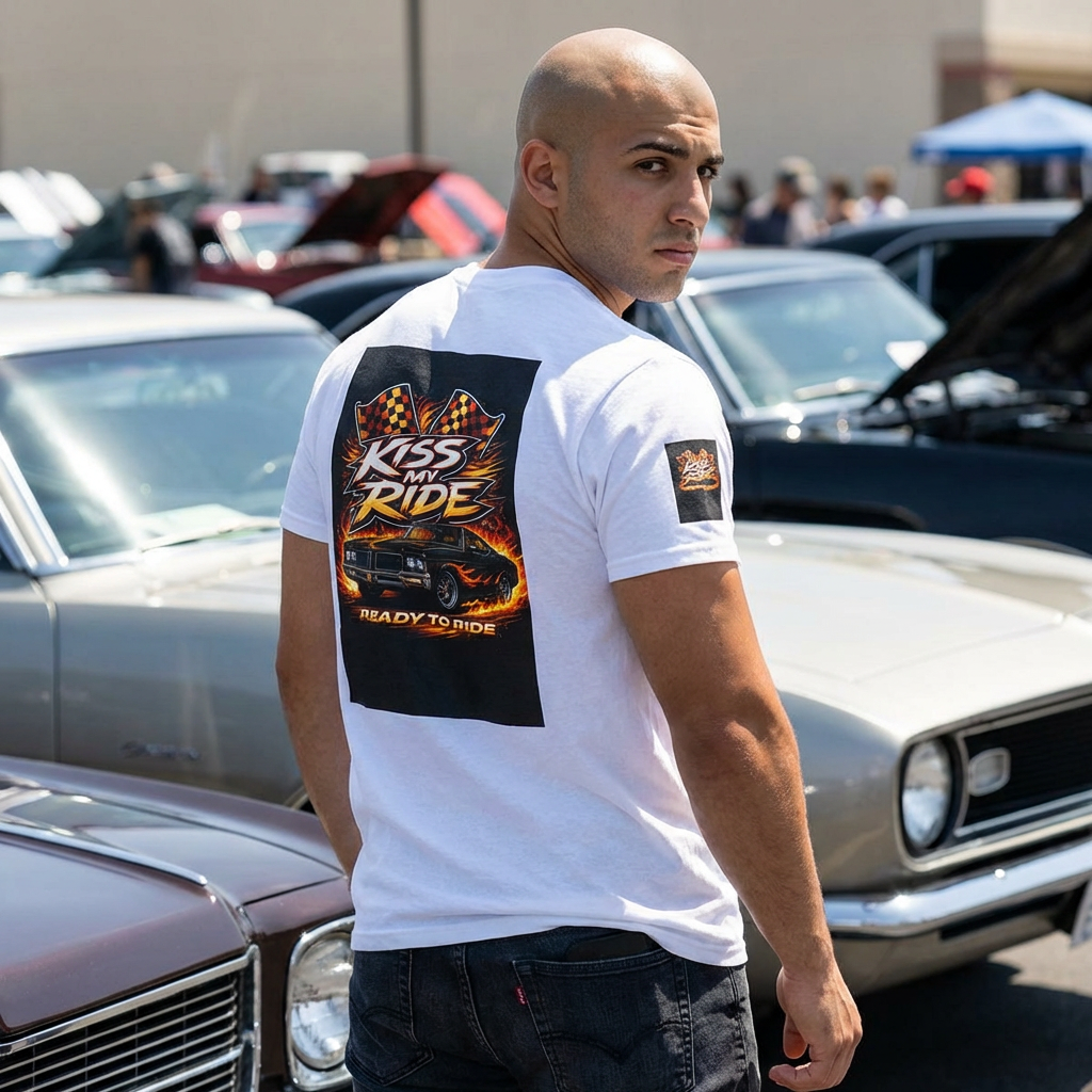 Kiss My Ride Graphic Tee — Retro Muscle Car Flames & Checkered Flags