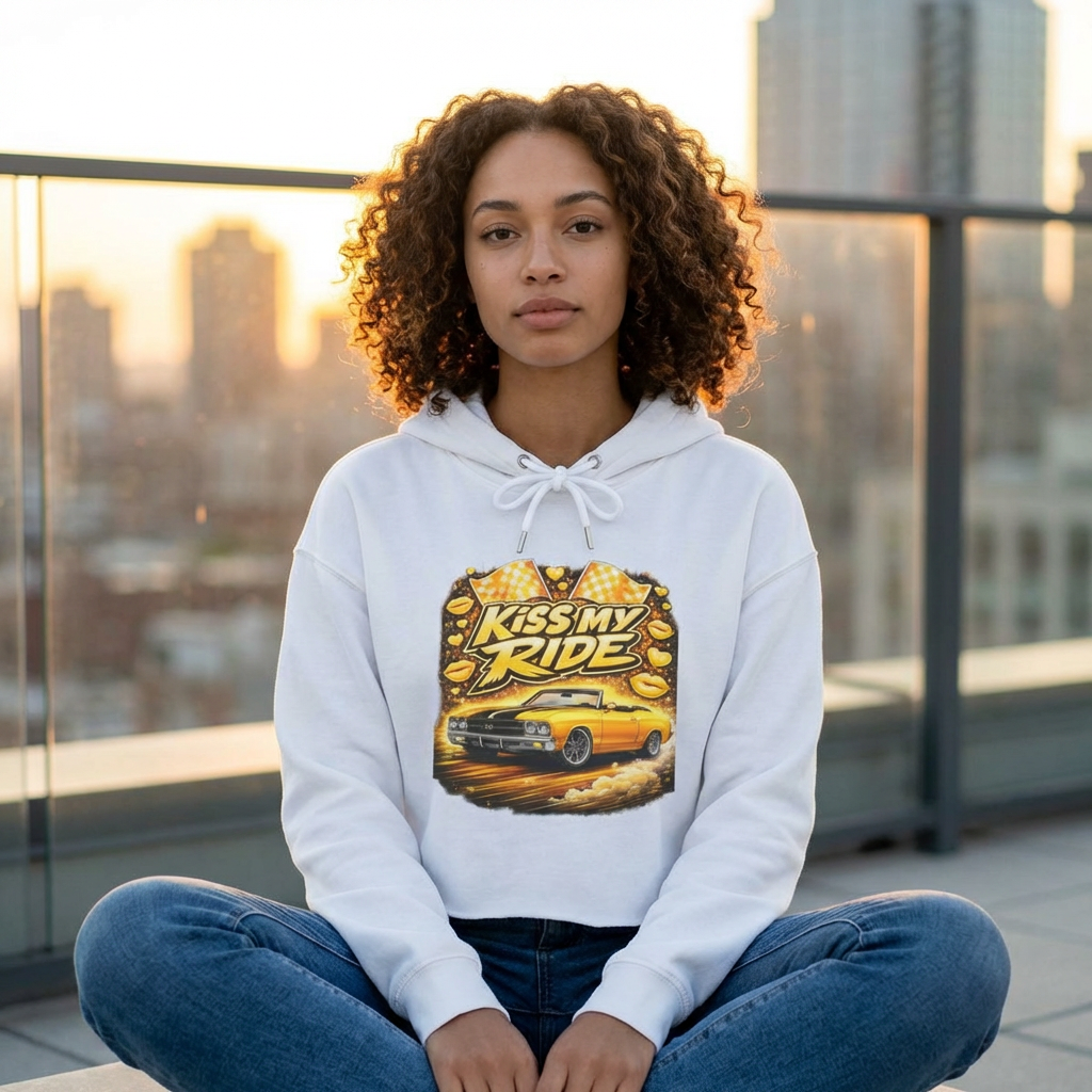 Kiss My Ride Cropped Hoodie – Yellow Chevelle SS Graphic