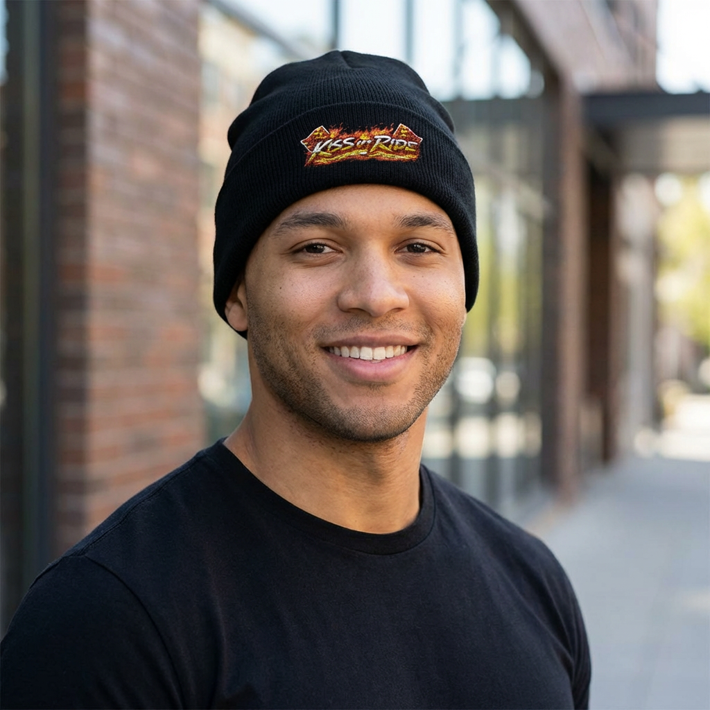 Embroidered 'Kiss & Ride' Flame Cuffed Beanie