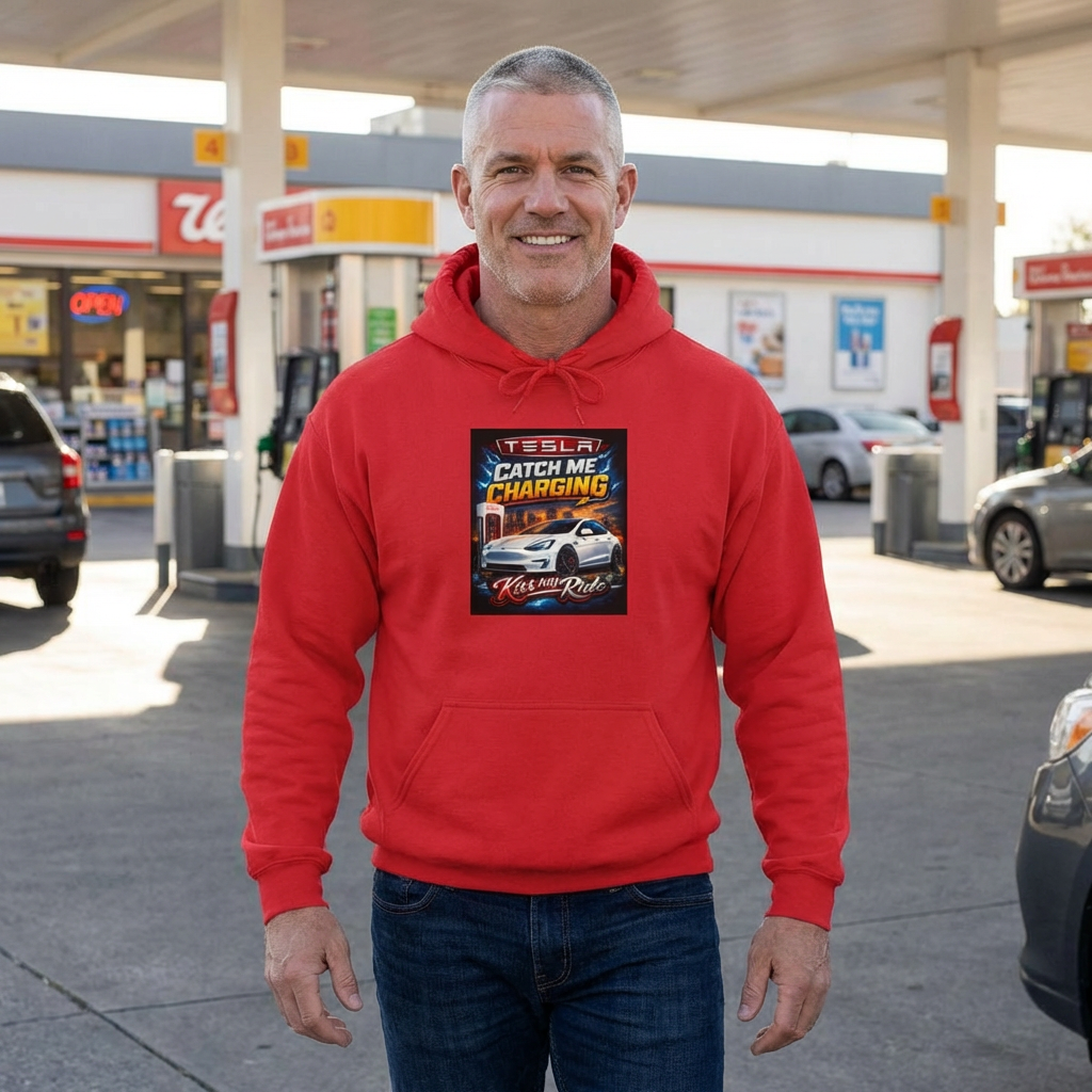 KMR/ Tesla 'Catch Me Charging' Hoodie — EV Enthusiast Graphic Pullover