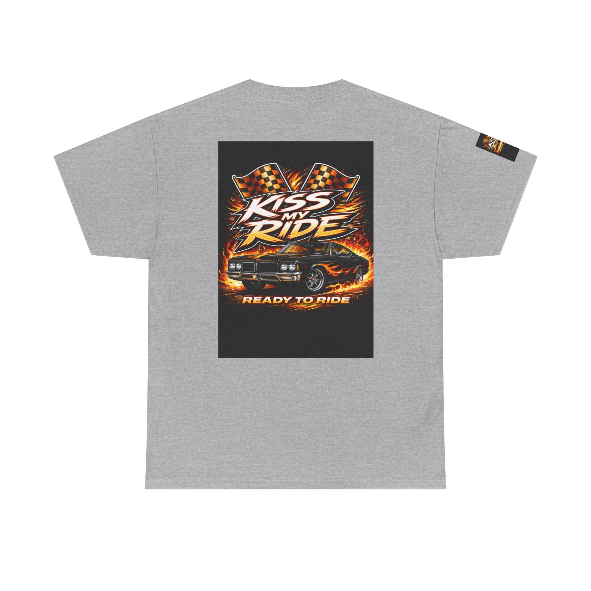 Kiss My Ride Graphic Tee — Retro Muscle Car Flames & Checkered Flags