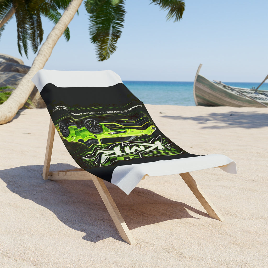 Racing Green Muscle Car Beach Towel – Neon Camaro with Checkered Flags