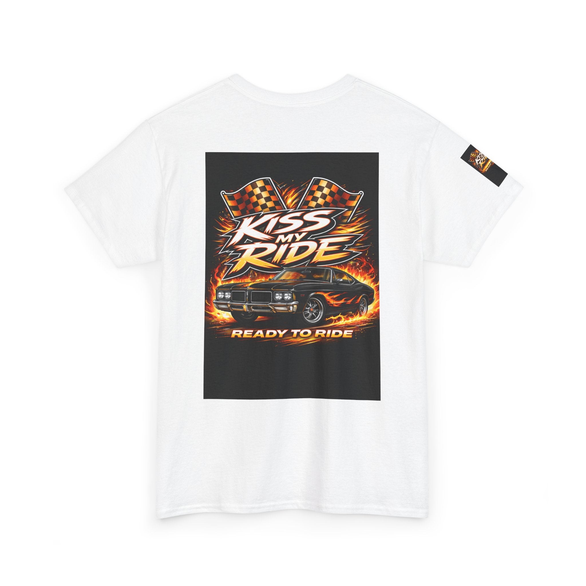 Kiss My Ride Graphic Tee — Retro Muscle Car Flames & Checkered Flags