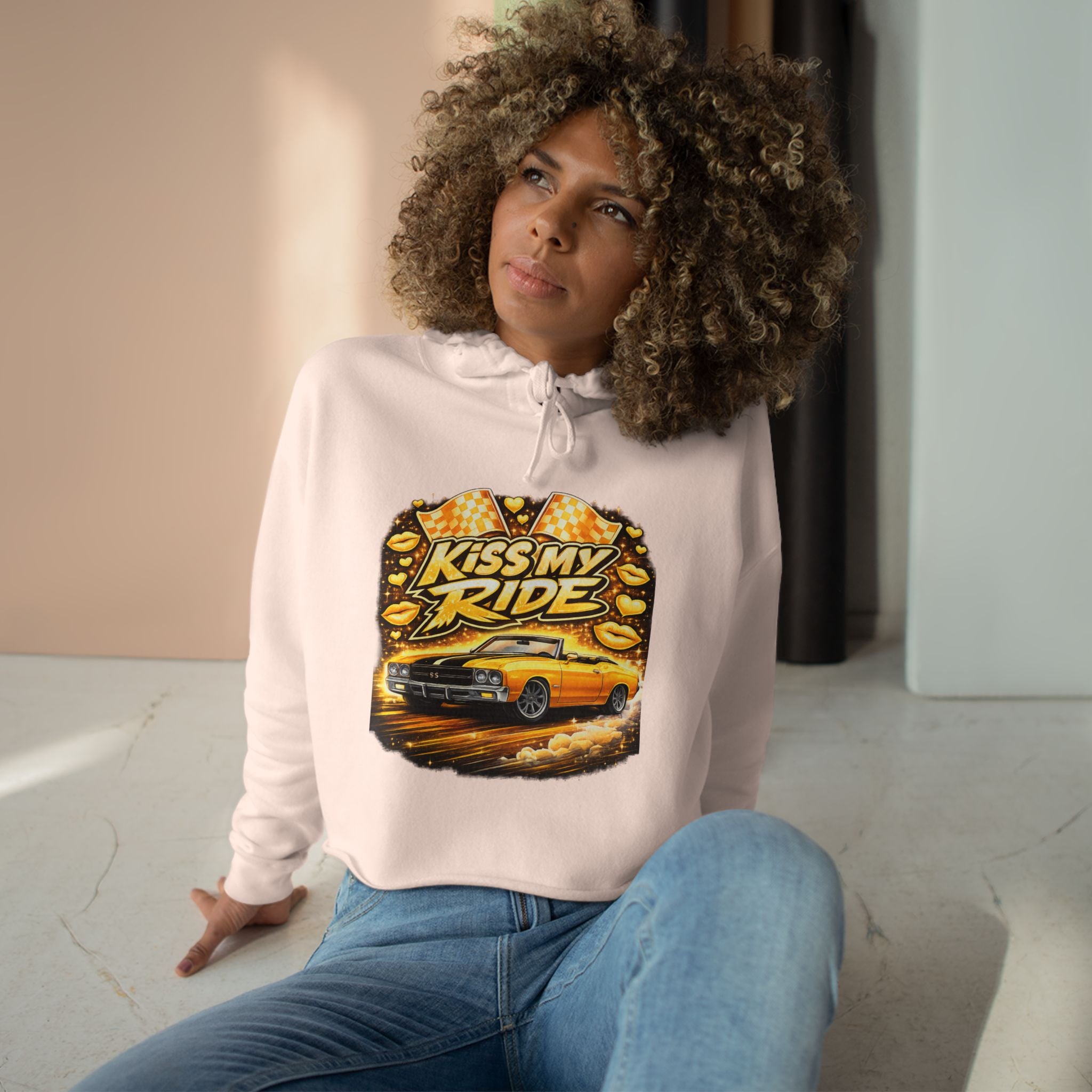 Kiss My Ride Cropped Hoodie – Yellow Chevelle SS Graphic