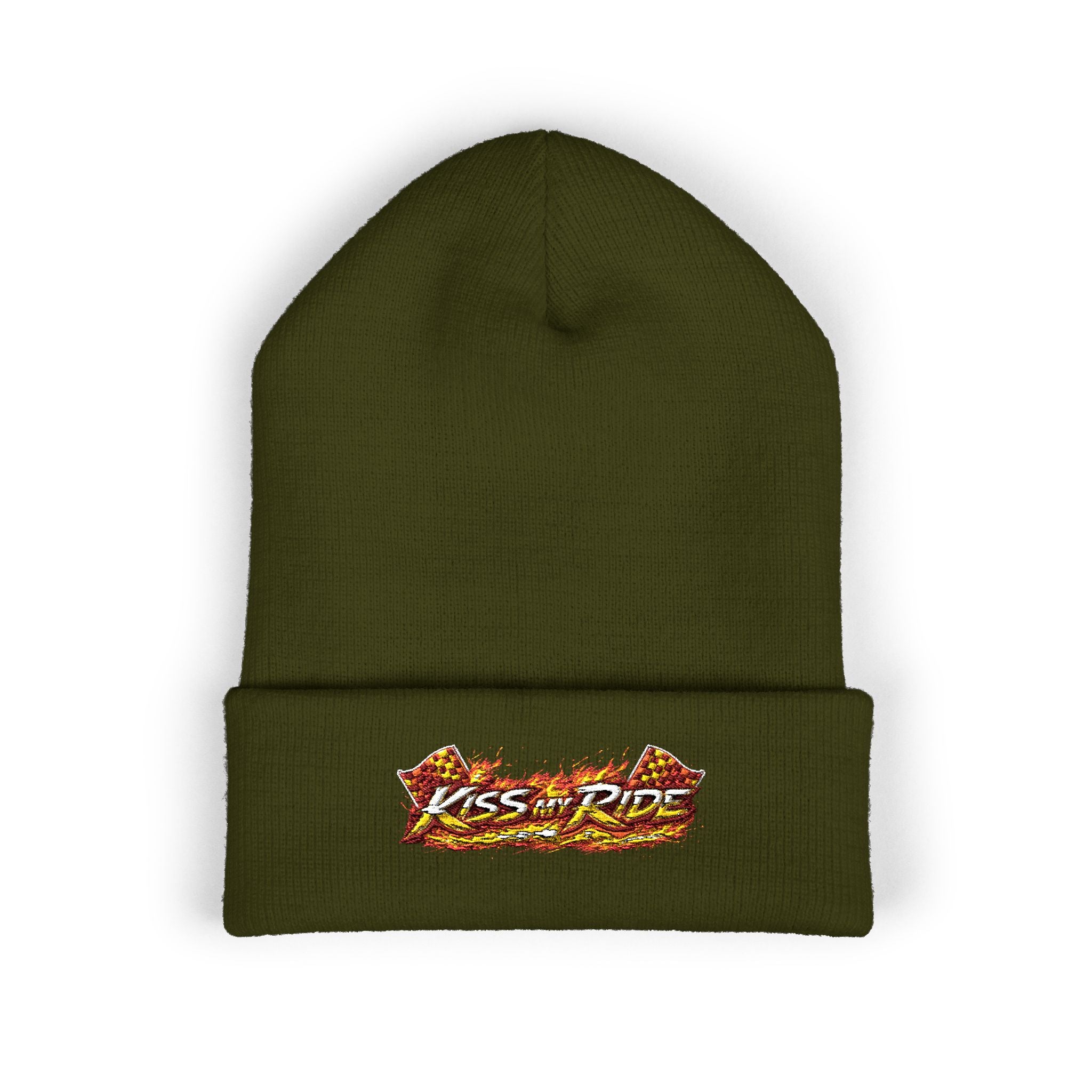 Embroidered 'Kiss & Ride' Flame Cuffed Beanie
