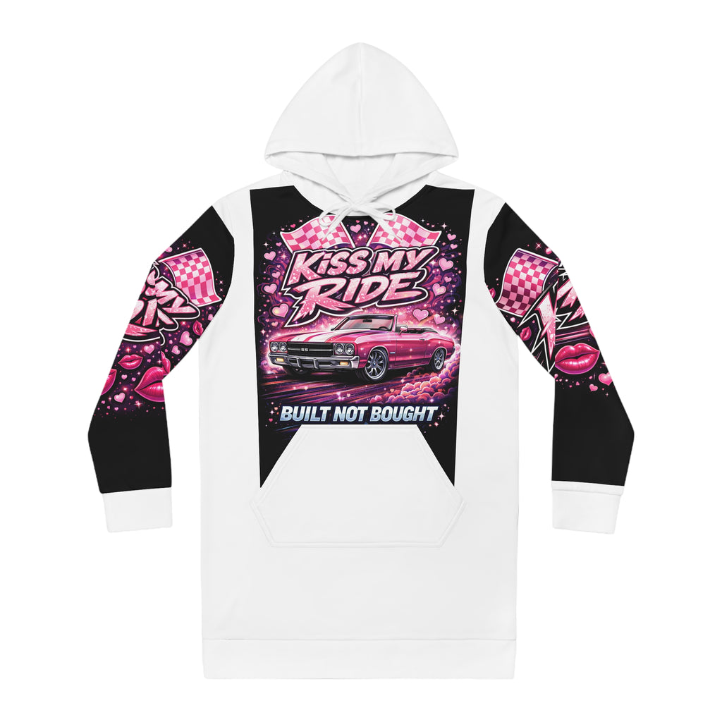 Kiss My Ride Hoodie Dress — Pink Retro Car Graphic