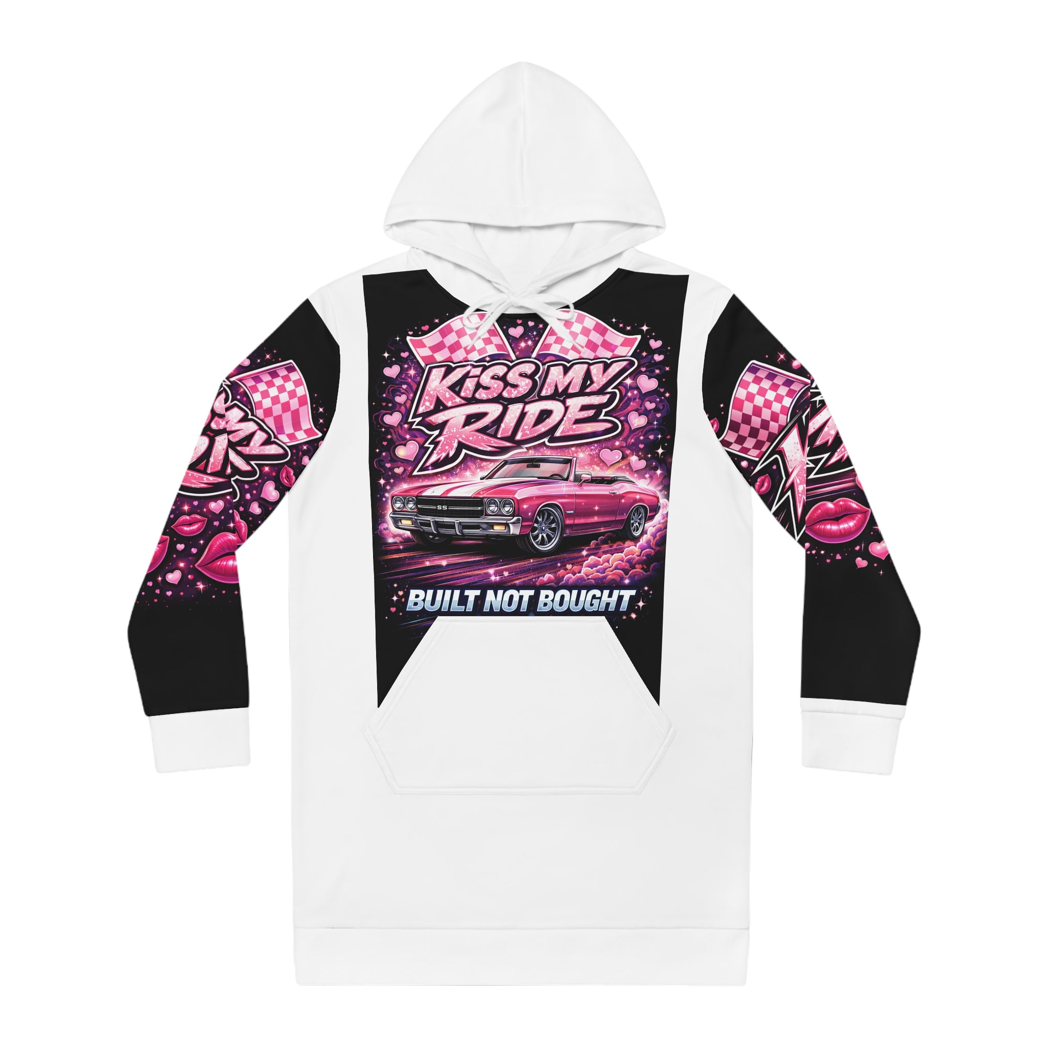 Kiss My Ride Hoodie Dress — Pink Retro Car Graphic