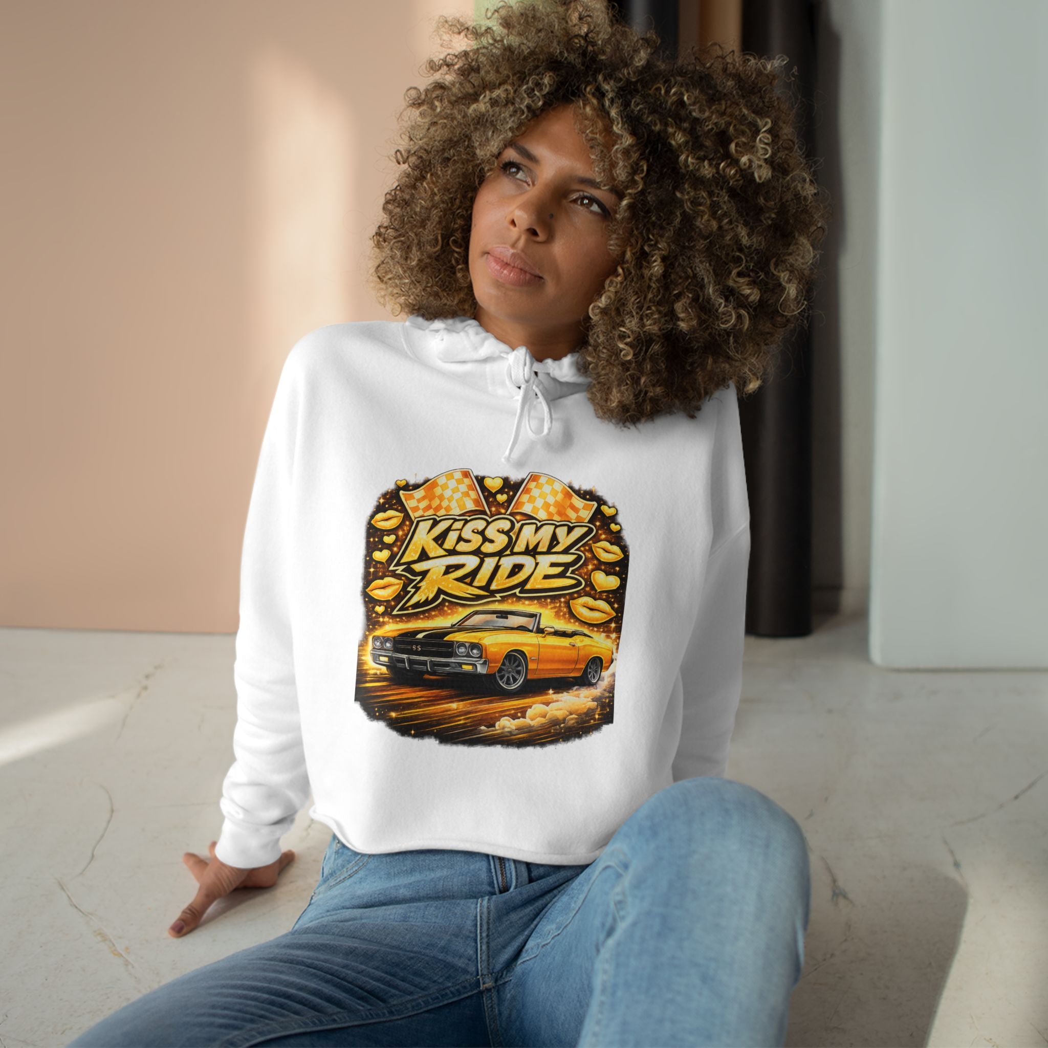 Kiss My Ride Cropped Hoodie – Yellow Chevelle SS Graphic