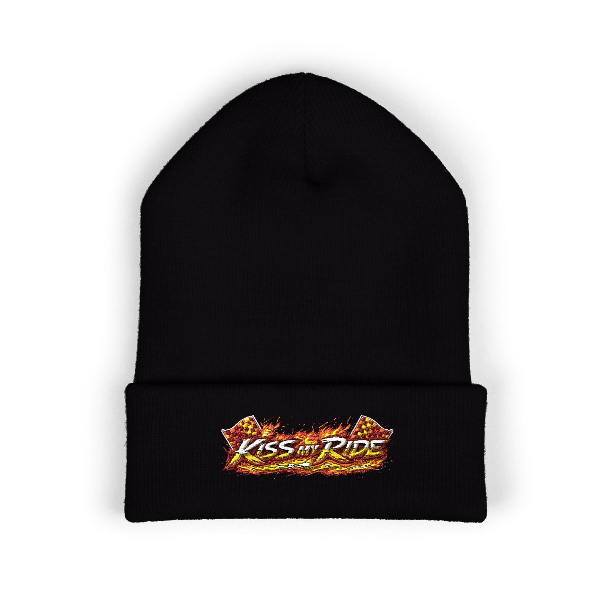 Embroidered 'Kiss & Ride' Flame Cuffed Beanie