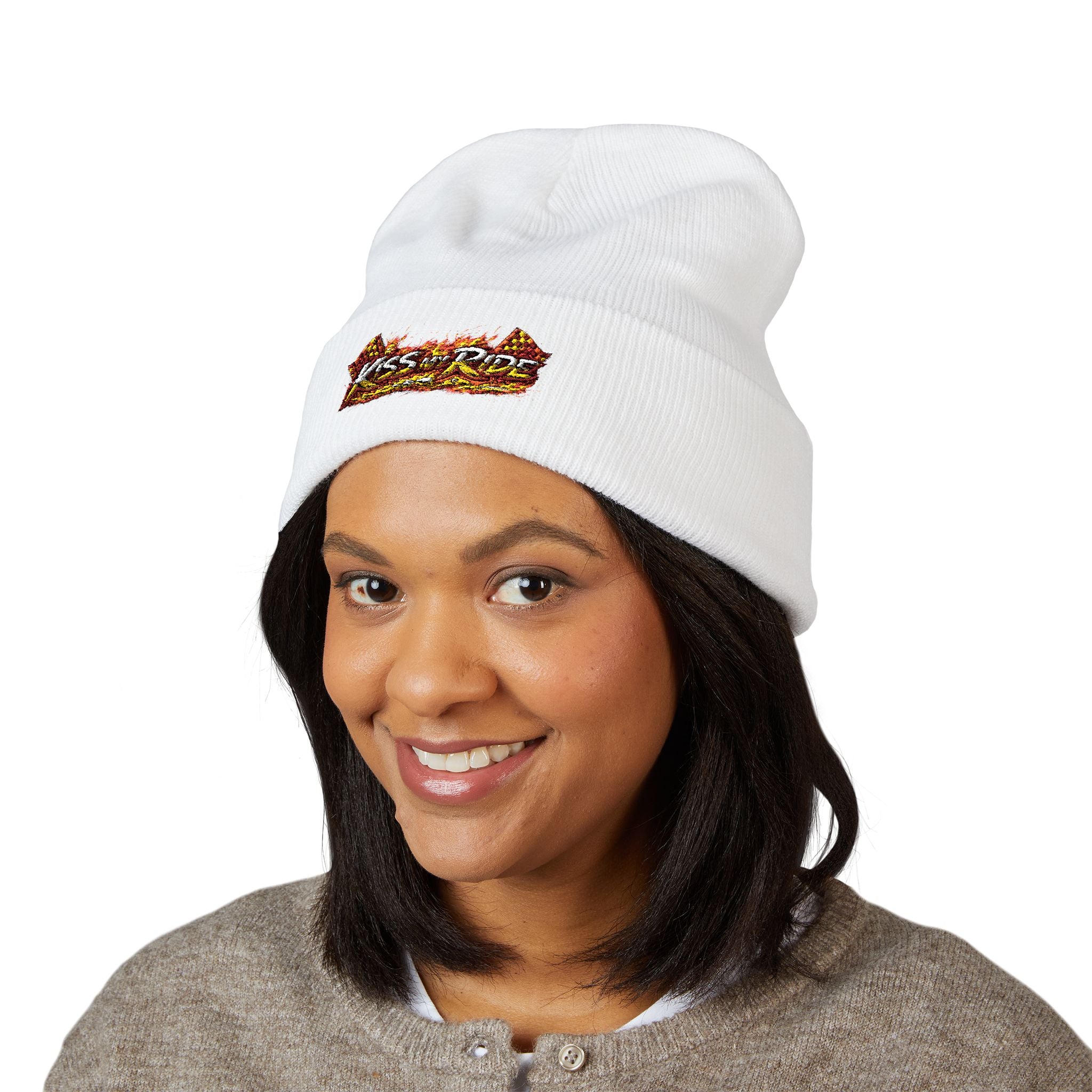 Embroidered 'Kiss & Ride' Flame Cuffed Beanie